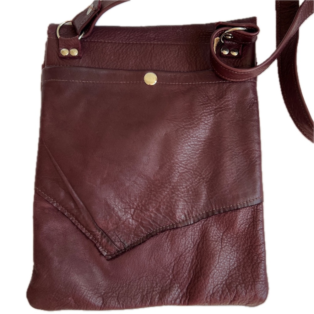 Sticks and Bags Burgundy Leather Crossbody Bag Natural Slouch Asymmetric Flap